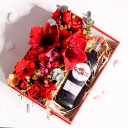 Red Square Box with Flowers and Martini