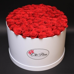 Aranjament compus din 101 trandafiri rosii olanda ecuador, aranjati in burete floral umed intr-o cutie alba mare