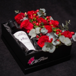 Purcari Wine and Red Flower Arrangement