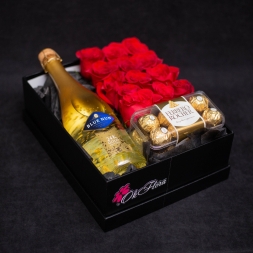 Box with Blue Nun, Ferrero Rocher and Roses