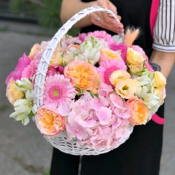 Arrangement with Hydrangeas and Mixed Flowers in Basket