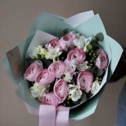 Bouquet of Pink Ranunculus and White Freesias