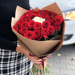 Bouquet of 24 Red Roses and 1 White Rose