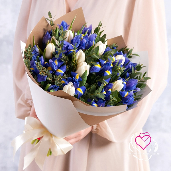 Bouquet with Irises and White Tulips
