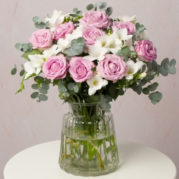 Bouquet of Pink Roses and White Freesias
