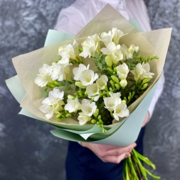 Bouquet of White Freesias and Greenery