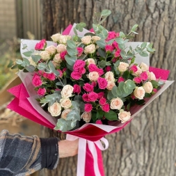 Bouquet with Cream and Fuchsia Mini Roses with Eucalyptus