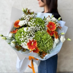 Bouquet with Green Hydrangeas and Orange Gerberas